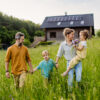 Familie auf grüner Wiese vor ESG Immobilie
