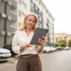 Frau am Tablet, die ihre neue Maklersoftware auswählt